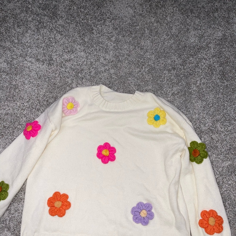Cider Cream Sweater with Colorful Floral Accents